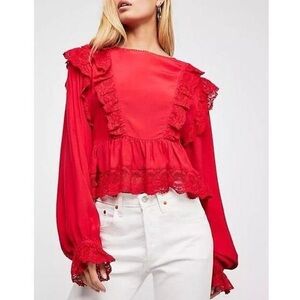 Free People Take It Easy Long Sleeve Ruffle Lace Peplum Top